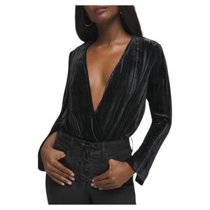 GOOD AMERICAN Bodysuit 2 Crushed Velvet Deep V Black Thong Closure Beautiful NWT